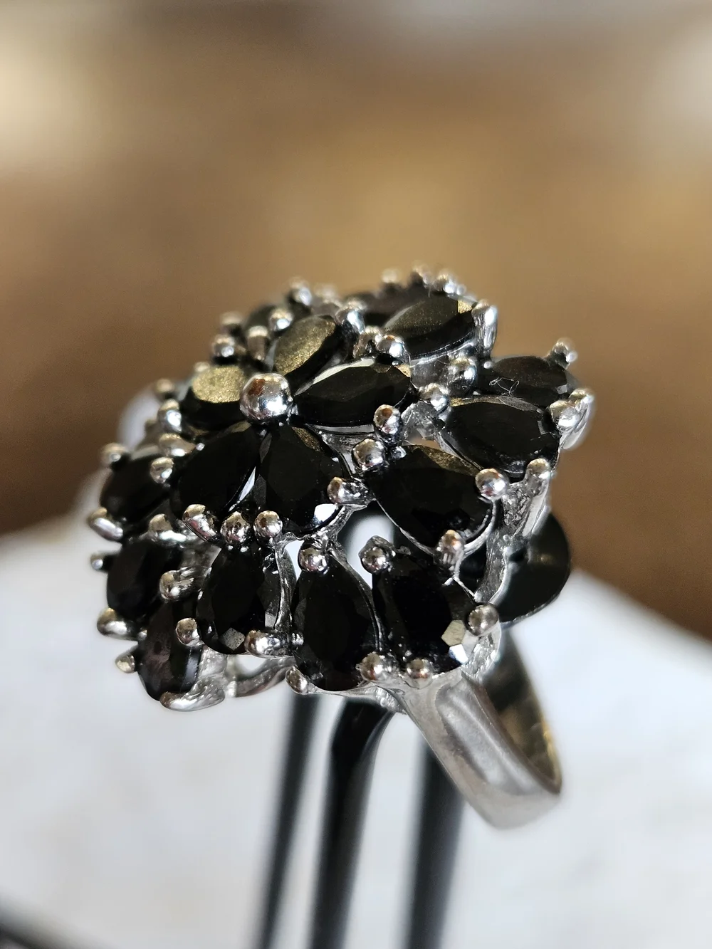 Silver Black Crystal Floral Cluster Ring